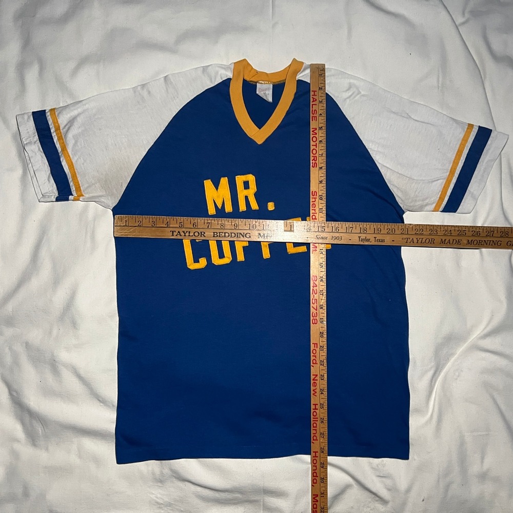 VTG Mr Coffee Raglan T-Shirt Jersey XL Rice 45 Sport-T Stedman Blu 80s VNeck USA - Picture 5 of 7